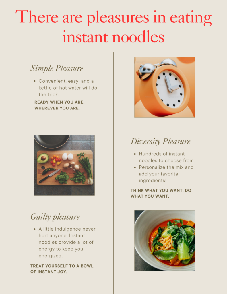 A colourful infograph of the heading "There are pleasures in eating instant noodles",From top to bottom the contents are Simple Pleasure (Convenient, easy, and a kettle of hot water will do the trick.), Diversity Pleasure (Hundreds of instant noodles to choose from. And personalize the mix and add your favorite ingredients!) and Guilty Pleasure (A little indulgence never hurt anyone. Instant noodles provide a lot of energy to keep you energized.).